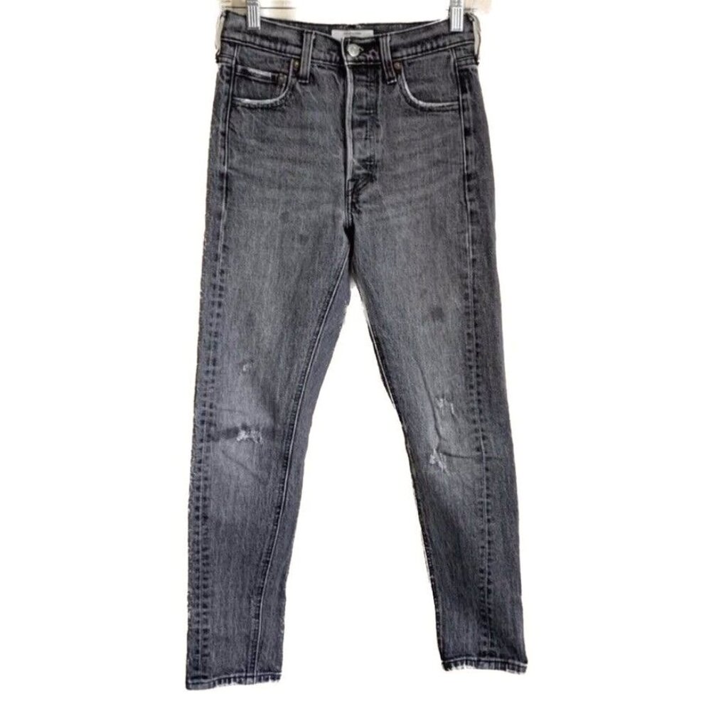 Levi’s Womens Button Fly 501 Skinny Jean Sz 24 Black Acid Wash Grunge Distressed
